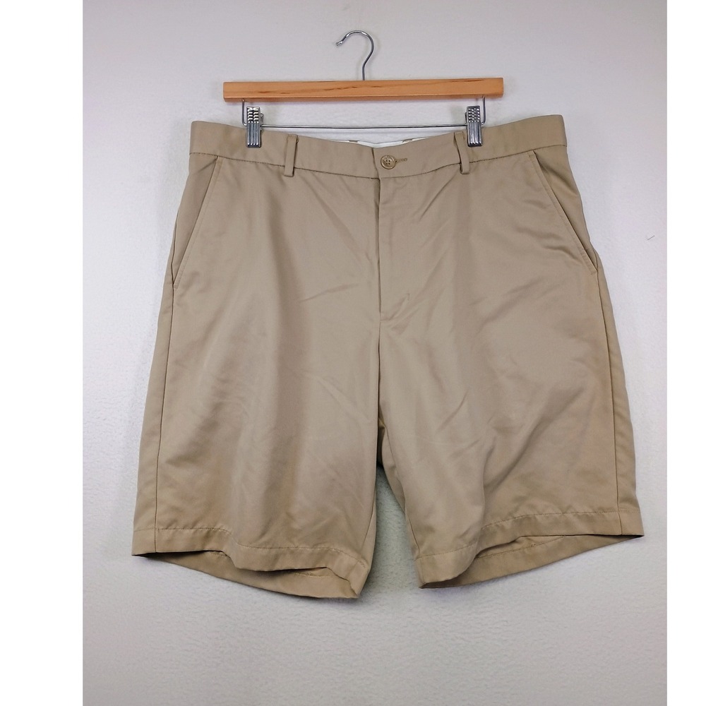 Preppy Greg Norman Mens 36 Khaki Tan‎ Flat Front Golf Performance Shorts Logo 9"